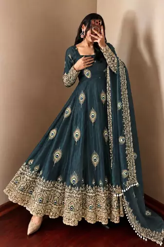 Peacock blue peacock feather embroidered silk gown with pant & dupatta