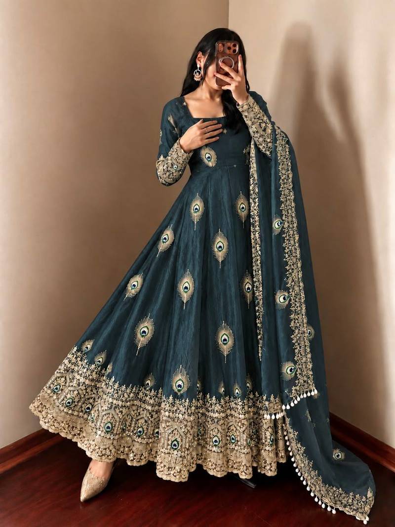 Peacock blue peacock feather embroidered silk gown with pant & dupatta