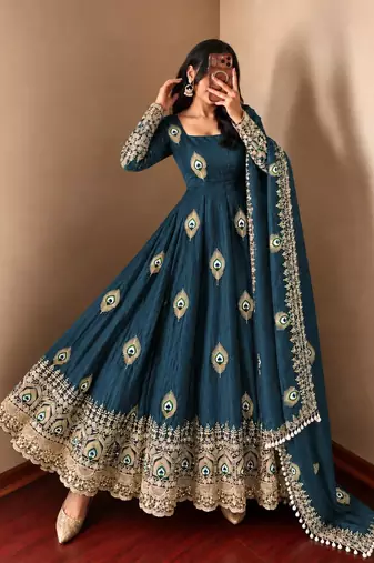 Peacock blue peacock feather embroidered silk gown with pant & dupatta