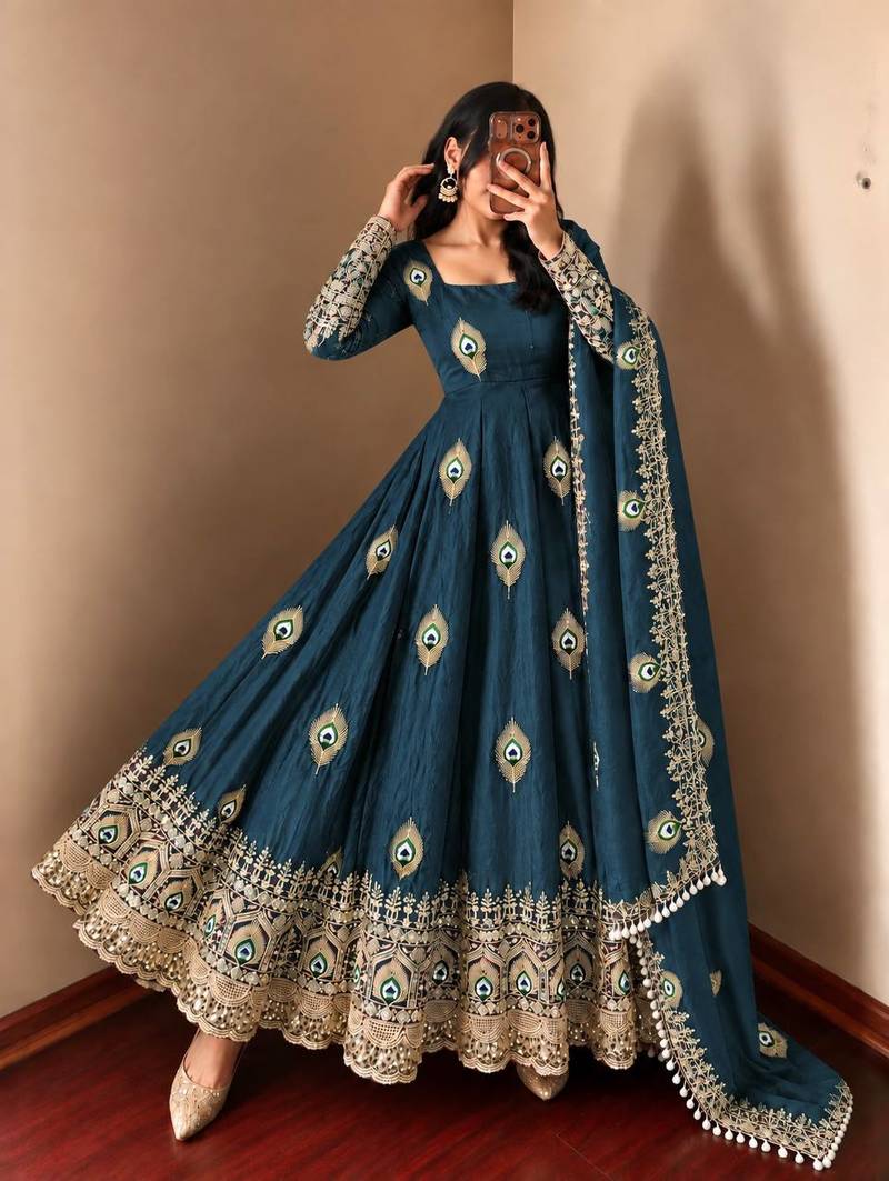 Peacock blue peacock feather embroidered silk gown with pant & dupatta