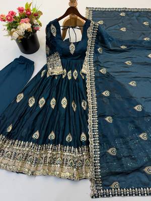Peacock blue peacock feather embroidered silk gown with pant & dupatta 4