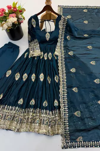 Peacock blue peacock feather embroidered silk gown with pant & dupatta