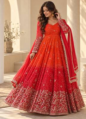 Red & orange embroidered georgette anarkali suit set with digital print 1