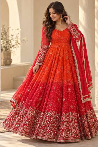 Red & orange embroidered georgette anarkali suit set with digital print