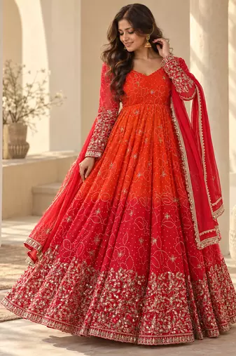 Red & orange embroidered georgette anarkali suit set with digital print