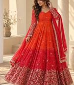 Red & orange embroidered georgette anarkali suit set with digital print