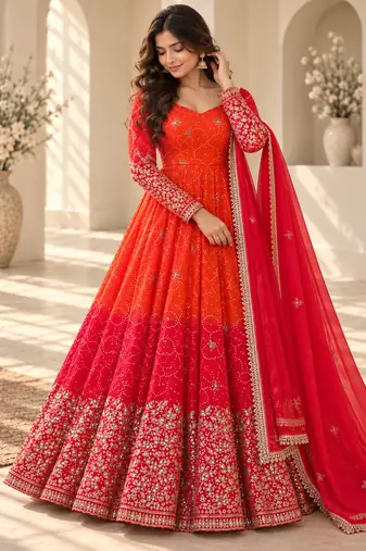 Red & orange embroidered georgette anarkali suit set with digital print