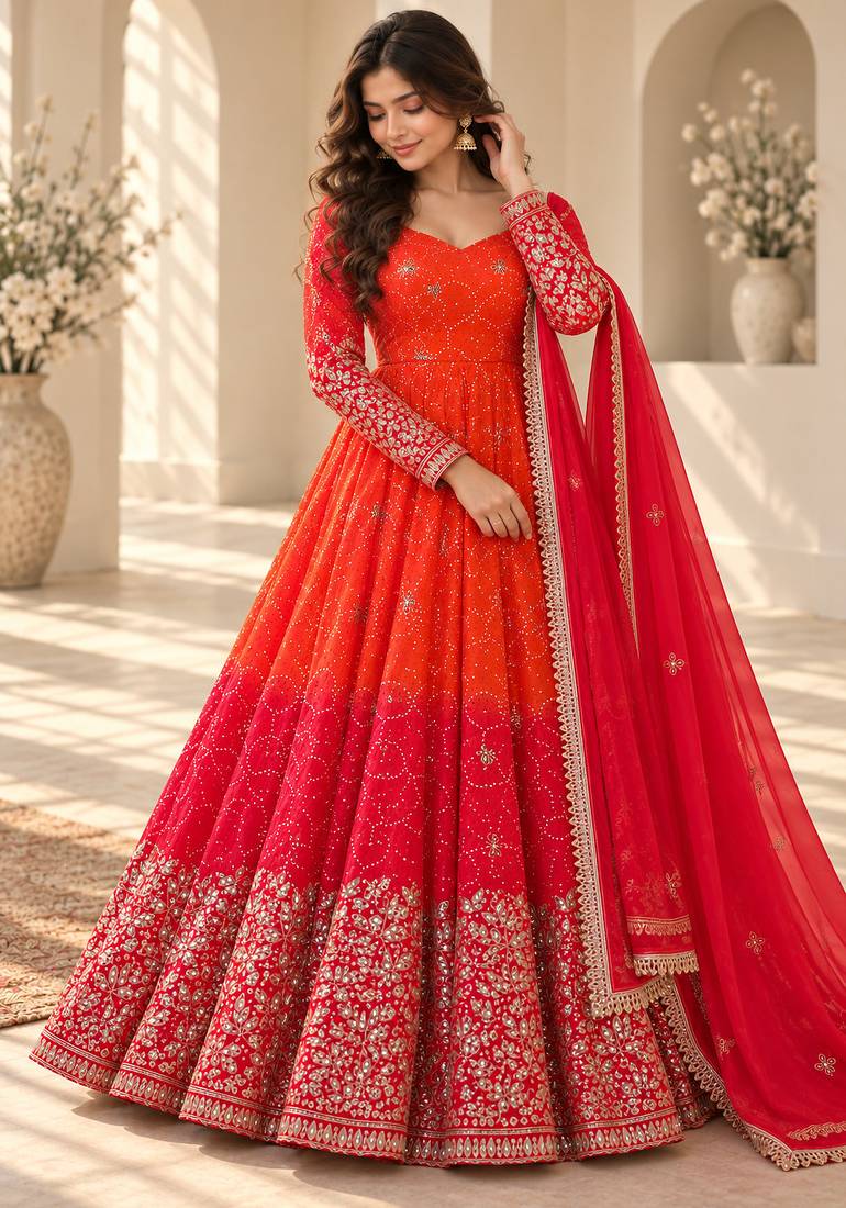Red & orange embroidered georgette anarkali suit set with digital print