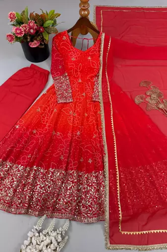 Red & orange embroidered georgette anarkali suit set with digital print