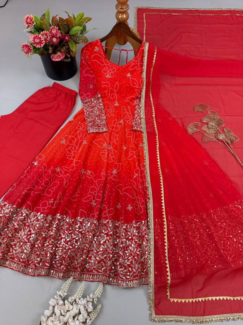 Red & orange embroidered georgette anarkali suit set with digital print