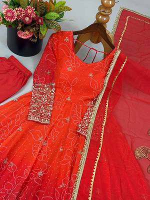 Red & orange embroidered georgette anarkali suit set with digital print 5
