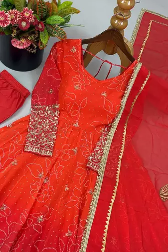 Red & orange embroidered georgette anarkali suit set with digital print