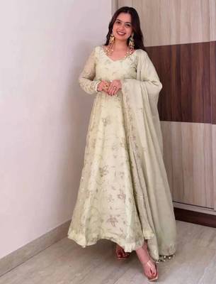 White sequins work silk anarkali with pant & dupatta 1
