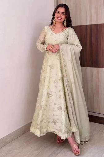 White sequins work silk anarkali with pant & dupatta