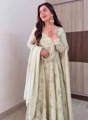 White sequins work silk anarkali with pant & dupatta 2