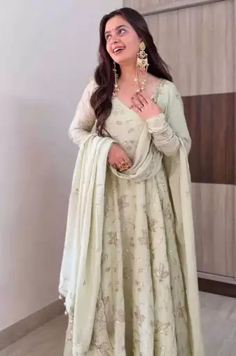 White sequins work silk anarkali with pant & dupatta