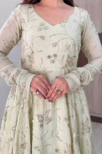 White sequins work silk anarkali with pant & dupatta