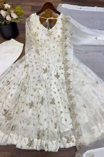 White sequins work silk anarkali with pant & dupatta