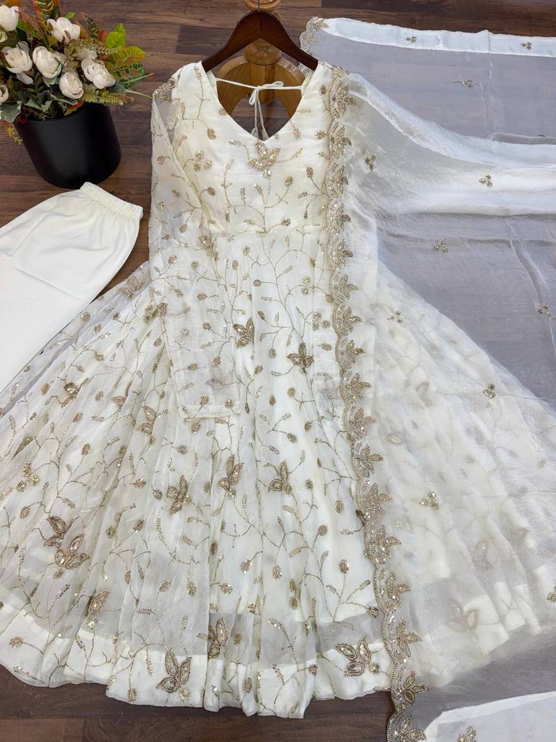 White sequins work silk anarkali with pant & dupatta