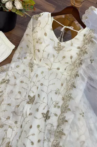 White sequins work silk anarkali with pant & dupatta