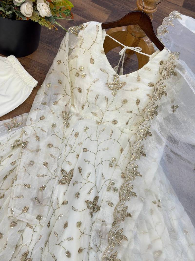 White sequins work silk anarkali with pant & dupatta