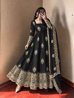 Black peacock feather embroidered silk gown with pant & dupatta 1