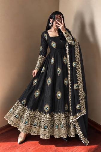 Black peacock feather embroidered silk gown with pant & dupatta