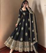 Black peacock feather embroidered silk gown with pant & dupatta