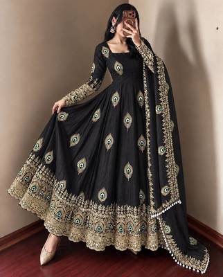 Black peacock feather embroidered silk gown with pant & dupatta 2