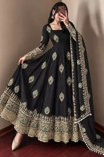 Black peacock feather embroidered silk gown with pant & dupatta
