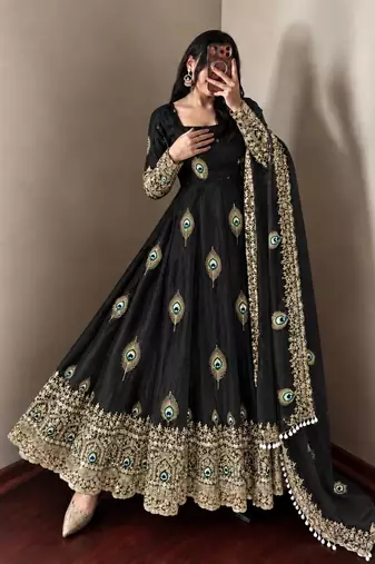 Black peacock feather embroidered silk gown with pant & dupatta