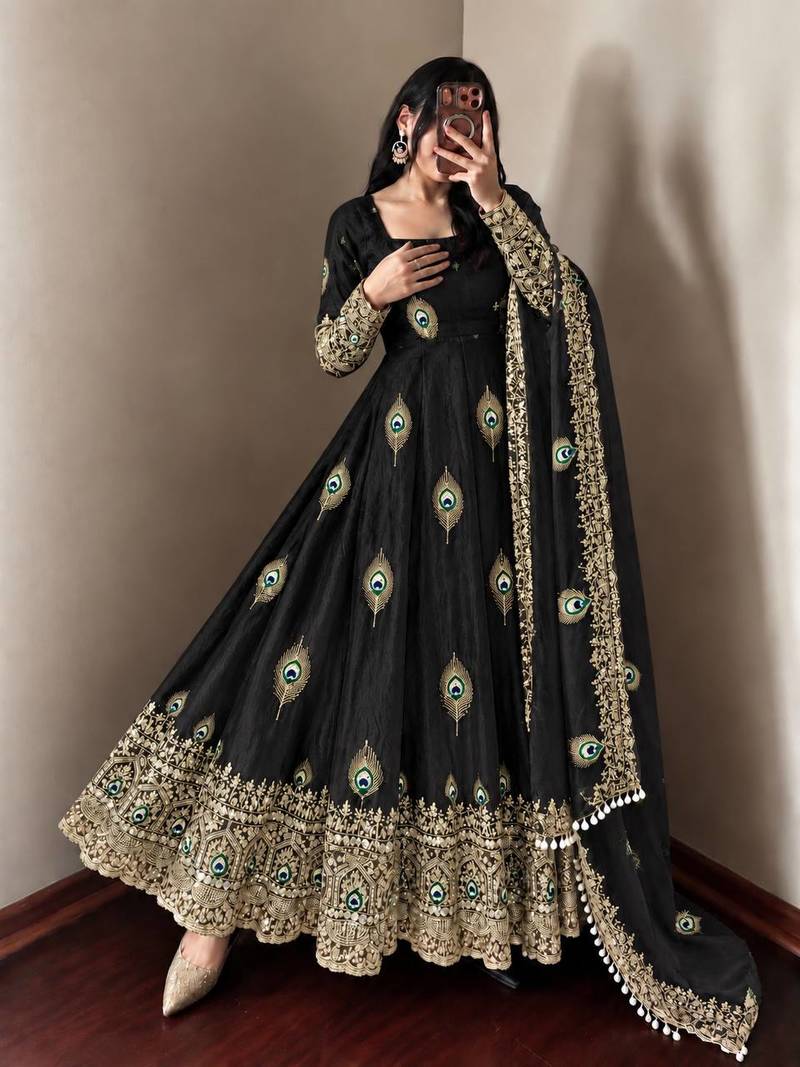Black peacock feather embroidered silk gown with pant & dupatta