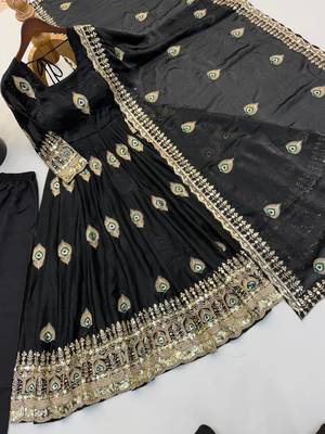 Black peacock feather embroidered silk gown with pant & dupatta 4