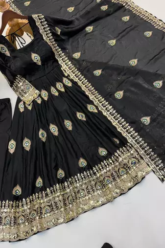 Black peacock feather embroidered silk gown with pant & dupatta