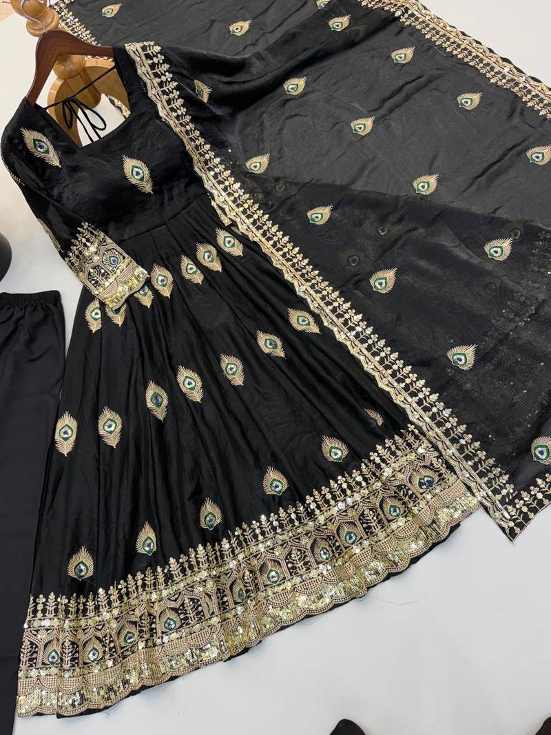 Black peacock feather embroidered silk gown with pant & dupatta