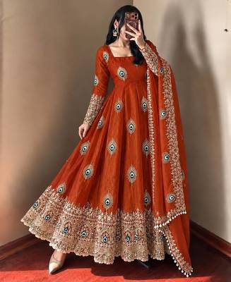 Orange peacock feather embroidered silk gown with pant & dupatta 1