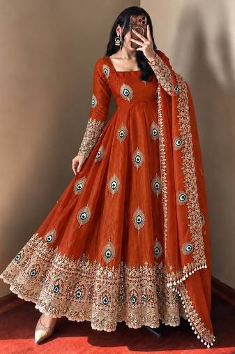 Orange peacock feather embroidered silk gown with pant & dupatta