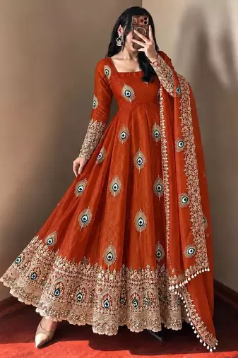 Orange peacock feather embroidered silk gown with pant & dupatta
