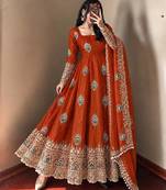 Orange peacock feather embroidered silk gown with pant & dupatta