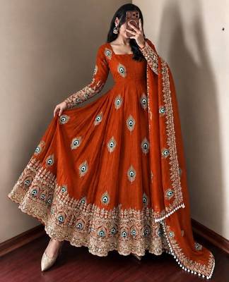 Orange peacock feather embroidered silk gown with pant & dupatta 2