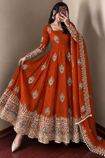Orange peacock feather embroidered silk gown with pant & dupatta