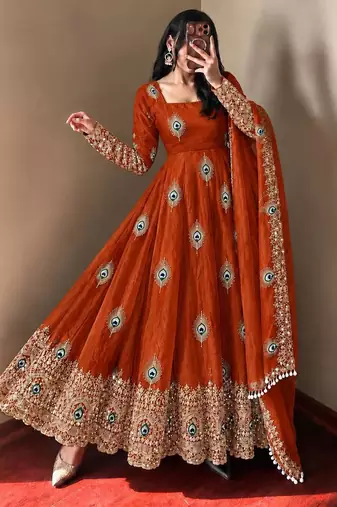 Orange peacock feather embroidered silk gown with pant & dupatta