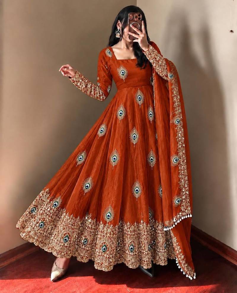 Orange peacock feather embroidered silk gown with pant & dupatta