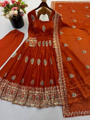 Orange peacock feather embroidered silk gown with pant & dupatta 4