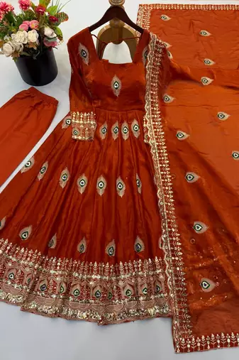 Orange peacock feather embroidered silk gown with pant & dupatta