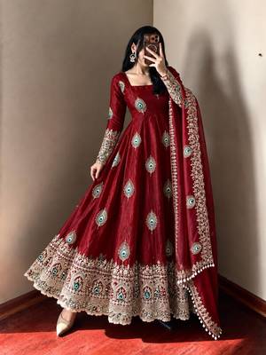 Maroon peacock feather embroidered silk gown with pant & dupatta 1