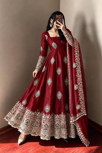 Maroon peacock feather embroidered silk gown with pant & dupatta