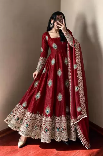 Maroon peacock feather embroidered silk gown with pant & dupatta