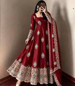 Maroon peacock feather embroidered silk gown with pant & dupatta