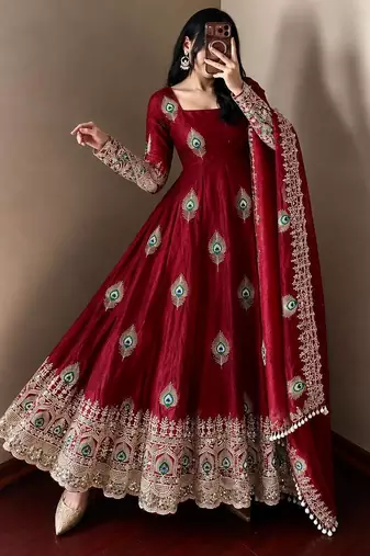 Maroon peacock feather embroidered silk gown with pant & dupatta